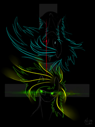 Size: 1229x1650 | Tagged: safe, artist:neon line, oc, oc:neon line, oc:white night, pony, black background, glowing eyes, looking at you, looking sideways, multicolored hair, neon, simple background