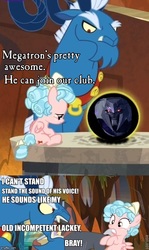 Size: 500x838 | Tagged: safe, edit, edited screencap, screencap, bray, cozy glow, grogar, lord tirek, queen chrysalis, pegasus, pony, g4, the beginning of the end, comic, cozybuse, crystal ball, female, filly, foal, frank welker, grogar's crystal ball meme, grogar's orb, megatron, screencap comic, transformers, transformers prime, voice actor joke