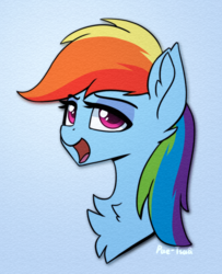 Size: 828x1018 | Tagged: safe, artist:puetsua, rainbow dash, pegasus, pony, g4, bust, female, lidded eyes, looking at you, mare, open mouth, portrait, simple background, solo, texture