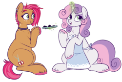 Size: 970x652 | Tagged: safe, artist:lulubell, babs seed, sweetie belle, earth pony, pony, unicorn, g4, apron, baked bads, baking, clothes, collar, cooking, ear piercing, female, food, lesbian, magic, mare, piercing, ship:babsbelle, shipping, simple background, sweetie belle can't cook, sweetie fail, transparent background