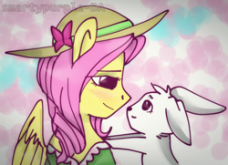 Size: 1016x734 | Tagged: safe, artist:smartypurple, angel bunny, fluttershy, pegasus, pony, rabbit, g4, abstract background, bust, clothes, cute, duo, eye contact, female, hat, looking at each other, mare, pet, wings