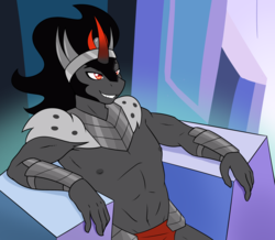 Size: 2984x2608 | Tagged: safe, artist:ambris, king sombra, unicorn, anthro, g4, the beginning of the end, evil grin, grin, high res, horn, male, redraw, scene interpretation, smiling, solo, sombra horn, stupid sexy sombra, throne