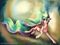 Size: 1419x1056 | Tagged: safe, artist:smartypurple, princess celestia, alicorn, pony, g4, cloud, flying, magic