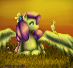 Size: 1343x1258 | Tagged: safe, artist:smartypurple, fluttershy, bird, pegasus, pony, g4, female, flower, flower in hair, looking at something, mare, outdoors, prone, sitting, sitting on wing, solo, spread wings, wings