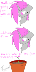 Size: 3000x6000 | Tagged: safe, artist:fajnyziomal, oc, oc only, oc:purple light, pony, unicorn, comic:świstek, bait and switch, cheek fluff, comic, crying, everything went better than expected, female, flower pot, mare, neck fluff, solo, sprout, sprouting, tears of joy, teary eyes, text