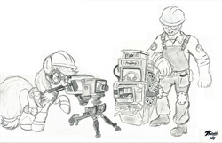 Size: 3500x2248 | Tagged: safe, artist:radiancebreaker, applejack, earth pony, pony, g4, engiejack, engineer, engineer (tf2), high res, monochrome, mouth hold, team fortress 2, traditional art