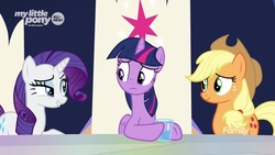 Size: 1920x1080 | Tagged: safe, screencap, applejack, rarity, twilight sparkle, alicorn, earth pony, pony, unicorn, g4, the beginning of the end, cutie map, dreamworks face, friendship throne, glass of water, twilight sparkle (alicorn)