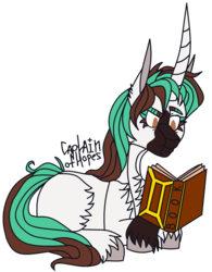 Size: 1918x2463 | Tagged: safe, artist:captainofhopes, oc, oc only, pony, unicorn, book, curved horn, horn, long horn, reading, signature, simple background, sitting, solo, transparent background