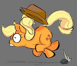 Size: 1922x1636 | Tagged: safe, artist:noupu, applejack, earth pony, pony, g4, cowboy hat, female, gray background, hat, mare, rock, simple background, this will end in pain, tripping
