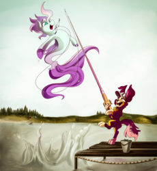 Size: 2000x2170 | Tagged: safe, artist:hagalazka, apple bloom, scootaloo, sweetie belle, oc, oc:cobalt, oc:wave rider, diamond dog, hippogriff, seapony (g4), g4, bucket, cute, cutie mark crusaders, fishing rod, hat, high res, lake, pier, tent
