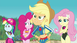Size: 1920x1080 | Tagged: safe, edit, edited screencap, editor:steamanddieselman, screencap, applejack, fluttershy, pinkie pie, rainbow dash, equestria girls, equestria girls series, forgotten friendship, g4, angry, applejack's beach shorts swimsuit, beach, belly button, cap, clothes, crossed arms, cute, female, fluttershy's beach shorts swimsuit, fluttershy's one-piece swimsuit, geode of empathy, geode of fauna, geode of sugar bombs, geode of super speed, geode of super strength, geode of telekinesis, hat, magical geodes, midriff, one-piece swimsuit, pinkie pie swimsuit, pinkie pie's beach shorts swimsuit, rainbow dash's beach shorts swimsuit, sexy, shyabetes, sleeveless, swimsuit, swimsuit edit, tree, wetsuit
