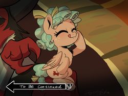 Size: 1600x1200 | Tagged: safe, artist:oofycolorful, cozy glow, lord tirek, g4, the beginning of the end, bow, cozybetes, cute, eyes closed, female, female focus, filly, foal, hair bow, imminent abuse, jojo's bizarre adventure, licking, licking lips, sitting, smiling, solo focus, tail bow, to be continued, to be continued (meme), tongue out