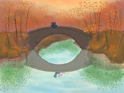 Size: 1600x1200 | Tagged: safe, artist:rocket-lawnchair, artist:sonicontinuum, oc, oc only, pony, bridge, lonely, reflection, sad, seasons