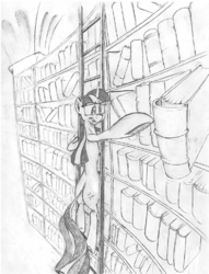 Size: 628x823 | Tagged: safe, artist:rocket-lawnchair, artist:sonicontinuum, twilight sparkle, pony, g4, black and white, book, grayscale, ladder, library, monochrome, traditional art