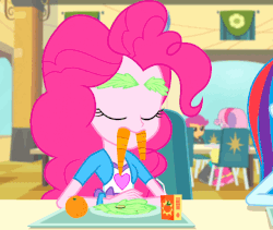 Size: 640x540 | Tagged: safe, screencap, pinkie pie, rainbow dash, scootaloo, sweetie belle, walrus, equestria girls, g4, my little pony equestria girls: rainbow rocks, animated, carrot, cute, diapinkes, female, food, gif, lettuce, ponk, smiling, solo focus