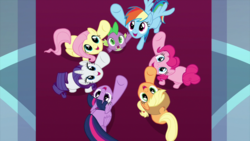 Size: 2000x1124 | Tagged: safe, screencap, applejack, fluttershy, pinkie pie, rainbow dash, rarity, spike, twilight sparkle, alicorn, dragon, earth pony, pegasus, pony, unicorn, g4, season 9, the beginning of the end, female, high angle, hooves in air, looking at you, male, mane seven, mane six, mare, open mouth, overhead view, raised hoof, twilight sparkle (alicorn)