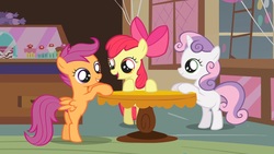 Size: 1920x1080 | Tagged: safe, screencap, apple bloom, scootaloo, sweetie belle, earth pony, pegasus, pony, unicorn, call of the cutie, g4, adorable face, cake, candy, cupcake, cute, cuteness overload, cutie mark crusaders, female, filly, foal, food, happy, hnnng, origins, origins of the cutie mark crusaders, smiling, sugarcube corner, table, trio, trio female
