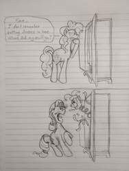 Size: 3120x4160 | Tagged: safe, artist:rocket-lawnchair, artist:sonicontinuum, pinkie pie, rarity, earth pony, pony, unicorn, g4, comic, confetti, confused, dialogue, female, grayscale, jack-in-the-box, joke, lined paper, mare, monochrome, open mouth, pun, raised leg, scared, speech bubble, traditional art, wardrobe