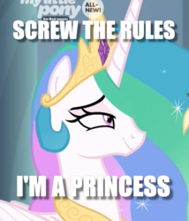 Size: 785x917 | Tagged: safe, edit, edited screencap, screencap, princess celestia, pony, g4, the beginning of the end, caption, cropped, female, image macro, lidded eyes, reference, screw the rules, smuglestia, solo, text, yugioh abridged