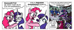 Size: 972x394 | Tagged: safe, artist:gingerfoxy, lord tirek, pinkie pie, rarity, twilight sparkle, alicorn, earth pony, pony, unicorn, pony comic generator, g4, comic, female, homura akemi, magical girl, male, puella magi madoka magica, speech bubble, twilight sparkle (alicorn), walpurgisnacht