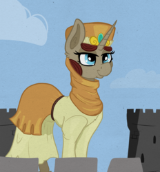 Size: 2500x2693 | Tagged: safe, artist:paskanaakka, derpibooru exclusive, weathered jewel, pony, unicorn, g4, background pony, castle, clothes, female, high res, lidded eyes, mare, medieval, smiling, solo