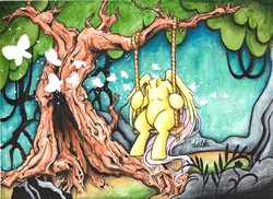 Size: 1200x872 | Tagged: safe, artist:dantethehuman, fluttershy, butterfly, pegasus, pony, g4, everfree forest, female, headless, modular, sitting, solo, surreal, swing, traditional art, tree, tree branch, watercolor painting, wings
