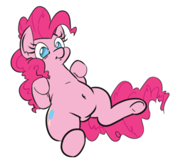 Size: 524x486 | Tagged: safe, artist:jargon scott, pinkie pie, earth pony, pony, g4, belly button, chubby, cute, description is relevant, diapinkes, featureless crotch, female, mare, on back, ponk, pubic mound, simple background, smiling, solo, underhoof, white background