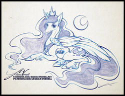 Size: 1024x792 | Tagged: safe, artist:jessicavernell, princess luna, alicorn, pony, g4, female, fetlock tuft, looking at you, mare, monochrome, moon, pencil drawing, pillow, prone, simple background, traditional art, unshorn fetlocks, white background