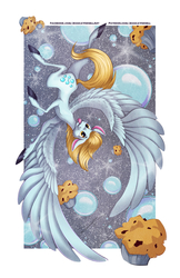 Size: 1650x2550 | Tagged: safe, artist:jessicavernell, derpy hooves, pony, g4, bubble, floppy ears, flying, food, muffin, tongue out