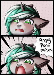 Size: 1204x1664 | Tagged: safe, artist:oddends, oc, oc:minty, pony, unicorn, :3, angry, angry dog noises, angry horse noises, comic, descriptive noise, ear fluff, female, floppy ears, frown, funny, glare, mare, meme, motion lines, open mouth, solo, text bubbles, wavy mouth