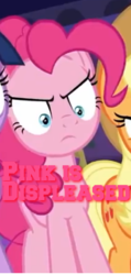 Size: 207x434 | Tagged: safe, applejack, pinkie pie, twilight sparkle, alicorn, pony, g4, school raze, caption, glare, image macro, pinkie pie is not amused, text, twilight sparkle (alicorn), unamused