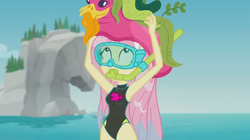 Size: 1916x1070 | Tagged: safe, edit, edited screencap, editor:steamanddieselman, screencap, fluttershy, human, equestria girls, equestria girls series, g4, unsolved selfie mysteries, animation error, armpits, beach, clothes, cute, dive mask, female, fluttershy's beach shorts swimsuit, fluttershy's one-piece swimsuit, geode of empathy, geode of shielding, geode of sugar bombs, geode of super speed, geode of super strength, geode of telekinesis, goggles, hairpin, magical geodes, ocean, one-piece swimsuit, rock horse, seaweed, shyabetes, snorkel, solo, swimsuit, swimsuit edit, wet, wet hair, wetsuit