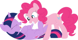 Size: 3552x1851 | Tagged: safe, artist:porygon2z, pinkie pie, twilight sparkle, earth pony, pony, unicorn, g4, belly tickling, eyes closed, feather, laughing, mouth hold, on back, open mouth, simple background, tickling, transparent background, unicorn twilight, vector