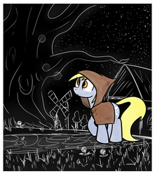 Size: 678x768 | Tagged: safe, artist:cookieboy011, derpy hooves, pegasus, pony, g4, female, hood, monochrome, solo, stars