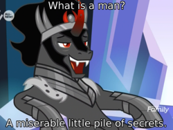 Size: 1440x1080 | Tagged: safe, edit, edited screencap, screencap, king sombra, pony, unicorn, g4, the beginning of the end, caption, castlevania, castlevania: symphony of the night, cropped, discovery family logo, image macro, male, meme, quote, relaxing, sitting, slouching, smug, stallion, text, throne, what is a man