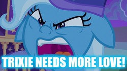 Size: 888x499 | Tagged: safe, edit, edited screencap, screencap, trixie, pony, g4, to where and back again, angry, caption, cropped, ears back, female, hat, image macro, meme, nightcap, solo, text, trixie yells at everything, trixie's nightcap, trixie's wagon