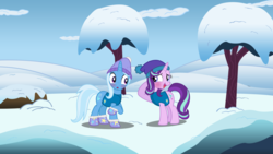 Size: 2560x1440 | Tagged: safe, alternate version, artist:mlpblueray, artist:mundschenk85, artist:swiftgaiathebrony, starlight glimmer, trixie, pony, unicorn, g4, blushing, clothes, duo, female, hat, lesbian, looking at each other, mare, raised hoof, ship:startrix, shipping, show accurate, snow, tree, vest, winter wrap up (event), winter wrap up vest