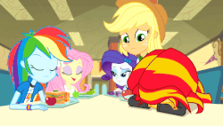 Size: 640x363 | Tagged: safe, screencap, applejack, fluttershy, rainbow dash, rarity, sunset shimmer, equestria girls, g4, my little pony equestria girls: rainbow rocks, animated, cafeteria, facedesk, female, gif, talking