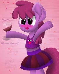 Size: 2000x2500 | Tagged: safe, artist:php124, berry punch, berryshine, earth pony, pony, g4, belly button, big ears, bipedal, blushing, clothes, cross-eyed, cute, drunk, high res, midriff, skirt, starry eyes, tank top, underhoof, wingding eyes