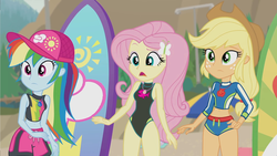 Size: 1912x1080 | Tagged: safe, edit, edited screencap, editor:steamanddieselman, screencap, applejack, fluttershy, rainbow dash, blue crushed, equestria girls, g4, my little pony equestria girls: better together, applejack's beach shorts swimsuit, applejack's hat, beach, beach babe, beach shorts swimsuit, belly button, cap, clothes, cowboy hat, crossed arms, cute, fluttershy's beach shorts swimsuit, fluttershy's one-piece swimsuit, geode of empathy, geode of fauna, geode of shielding, geode of sugar bombs, geode of super speed, geode of super strength, geode of telekinesis, hat, magical geodes, midriff, one-piece swimsuit, rainbow dash's beach shorts swimsuit, rash guard, sexy, shyabetes, sleeveless, surfboard, swimsuit, swimsuit edit, wetsuit