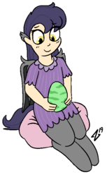 Size: 441x720 | Tagged: safe, artist:heretichesh, oc, oc only, oc:nettle, bat pony, satyr, clothes, dragon egg, dress, offspring, parent:oc:cudgel, pillow, sitting, smiling, solo