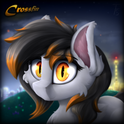 Size: 4000x4000 | Tagged: safe, artist:thefunnysmile, oc, oc only, oc:crossfire, bat pony, hybrid, pegabat, pegasus, pony, blurry background, bust, cheek fluff, chest fluff, city, commission, ear fluff, looking at you, night, portrait, smiling, solo