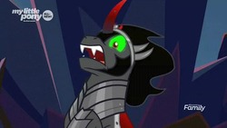 Size: 640x360 | Tagged: safe, screencap, king sombra, pony, unicorn, g4, the beginning of the end, armor, crystal, discovery family logo, fangs, green eyes, horn, male, oh crap face, open mouth, reaction image, red horn, shocked, solo, teeth