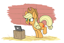 Size: 1280x853 | Tagged: safe, artist:heir-of-rick, applejack, earth pony, pony, daily apple pony, apple, apple (company), colored pupils, computer, cute, excited, female, hoof in air, jackabetes, leaning forward, namesake, open mouth, solo, that pony sure does love apples
