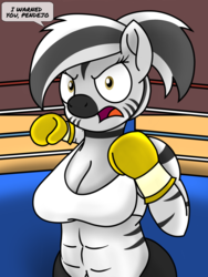 Size: 1200x1600 | Tagged: safe, artist:toyminator900, derpibooru exclusive, oc, oc only, oc:trinidad, zebra, anthro, plantigrade anthro, abs, boxing, boxing gloves, boxing ring, breasts, busty oc, cleavage, clothes, female, imminent beatdown, midriff, pants, solo, speech bubble, sports, sports bra, sweatpants, this will end in pain, zebra oc