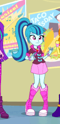 Size: 294x602 | Tagged: safe, screencap, sonata dusk, equestria girls, g4, my little pony equestria girls: rainbow rocks, animated, cute, dazzling, female, gif, ponytail, poster, sonatabetes, taco tuesday, that girl sure loves tacos