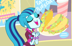 Size: 640x406 | Tagged: safe, screencap, sonata dusk, human, equestria girls, g4, my little pony equestria girls: rainbow rocks, animated, cute, dazzling, eyes closed, female, gif, grin, open mouth, open smile, ponytail, poster, smiling, solo, sonatabetes, spiked wristband, taco tuesday, talking, that girl sure loves tacos, wristband