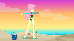 Size: 960x540 | Tagged: safe, artist:wolf, edit, edited screencap, screencap, fluttershy, aww... baby turtles, equestria girls, g4, my little pony equestria girls: better together, ass, beach shorts swimsuit, butt, clothes, flutterbutt, fluttershy's beach shorts swimsuit, one-piece swimsuit, rear view, sandals, swimsuit, wetsuit