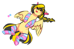 Size: 1024x683 | Tagged: safe, artist:lightningchaserarts, oc, oc only, oc:lightning chaser, pegasus, pony, ;p, clothes, cute, eye clipping through hair, one eye closed, simple background, socks, solo, striped socks, tongue out, white background