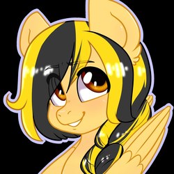 Size: 1487x1487 | Tagged: artist needed, safe, oc, oc only, oc:lightning chaser, pegasus, pony, black background, braid, bust, cute, eye clipping through hair, simple background, smiling, solo